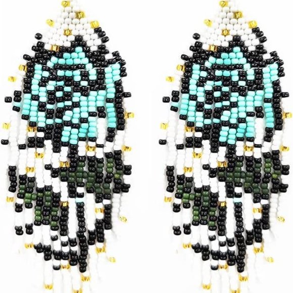 Long 4.5" Handmade Beaded Blue Rose Earrings Large Roses Flowers Beads Floral - Picture 4 of 5